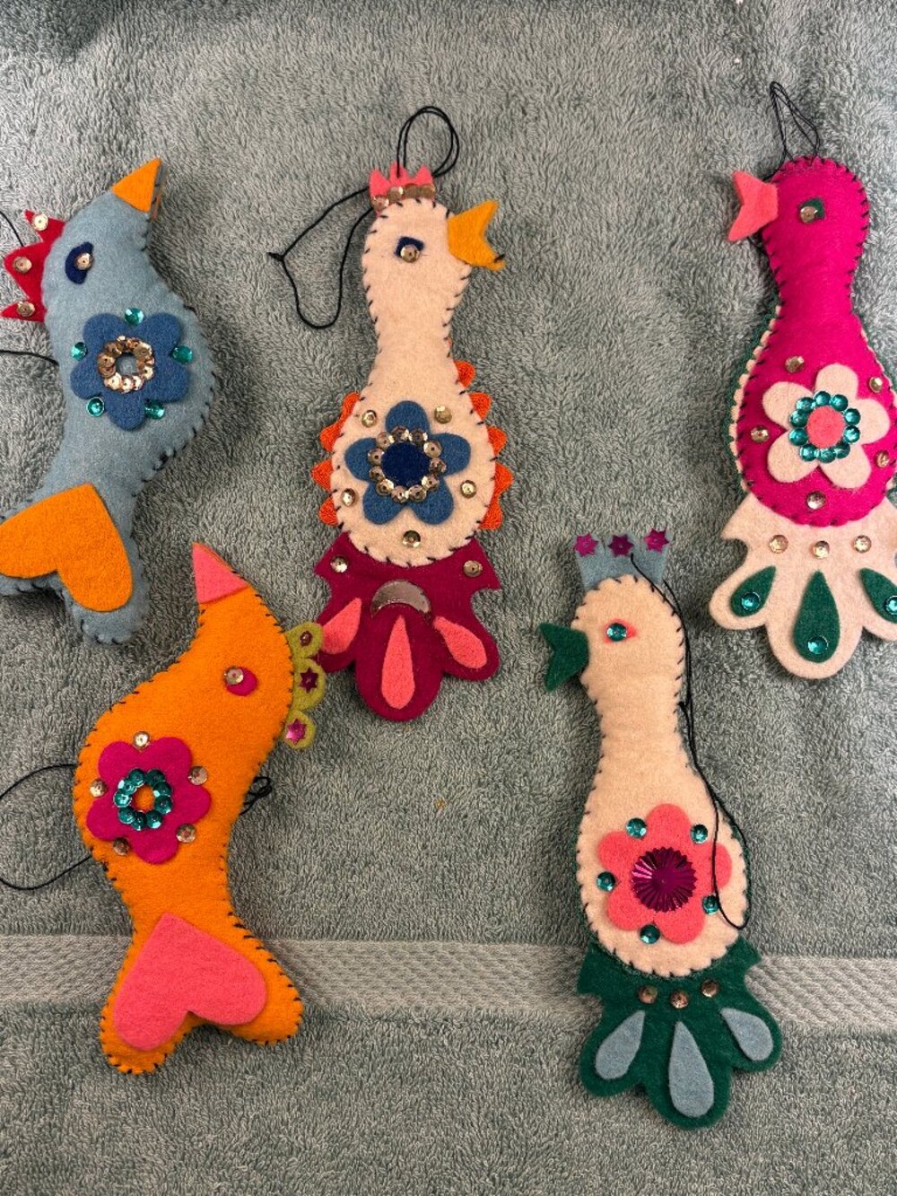 Vintage 1970s Handmade Sequined Felt Bird Ornaments Lot of 5 Retro Folk Art 7"
